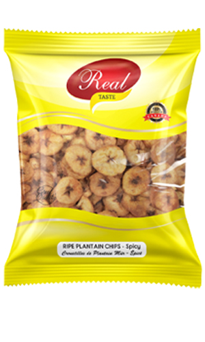 A packet of Real Taste spicy ripe plantain chips